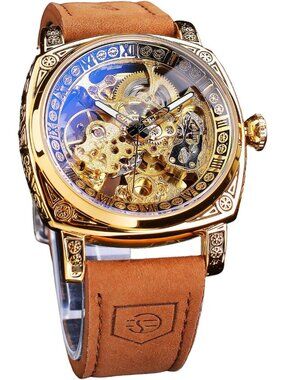 Men's Brow Gold Square Mechanical Leather Strap Self-Wind Carved Automatic Watch